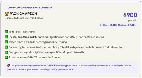 Pack Campeón tournament package details listing 5 all-inclusive features priced at $900 per child