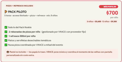 Pack Piloto pizza party menu offering 5 hours with pizza and drinks included
